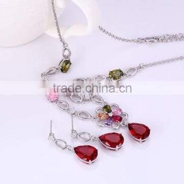 Colorful dubai bridal 18k gold plated zircon necklace and earrings dubai gold plated jewelry set