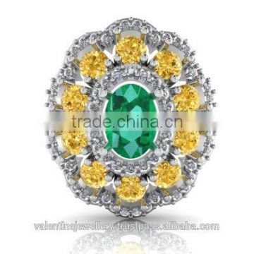 Oval Emerald White Gold Halo Pendant With Yellow Sapphire And Diamond In Floral Design