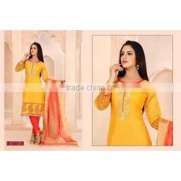 Joyous Yellow Chanderi Cotton Churidar Suit/fancy designer churidar suit