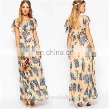 OEM Women Fashion wedding dresses 2015 Summer Long Maxi Dress Beautiful Cap Sleeve women maxi dress With Pretty Floral Print