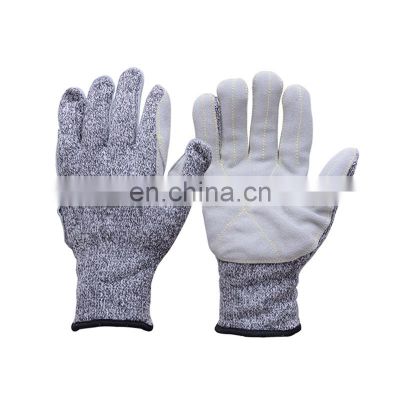HPPE Cut Resistant Gloves Sewing with Leather on