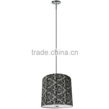 5 light chandelier(Lustre/La arana) in satin steel finish with a round 22" x 20" damask grey decadance fabric shade