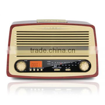 Portable nostalgic USB SD mp3 bluetooth retro wooden radio with alarm clock
