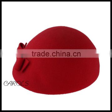 red beanie wool felt beret hat with bowknot