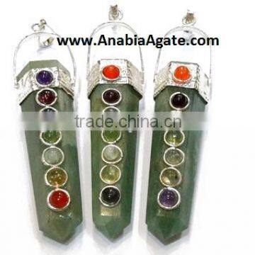 Green Aventurine Double Point Pencil Pendant With Chakra Cabs : chakra Point Gemstone Pendants