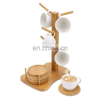 Household Multi-function Bamboo Coffee Cup Drying Holder Rack With 6 Coasters For Gift