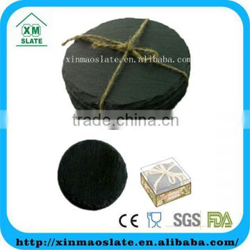 Jiangxi slate round coaster with gift box dark slate cup mat with hemp rope