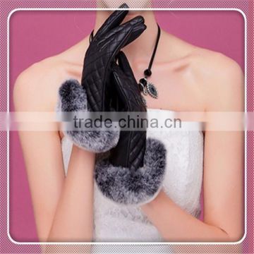 2016 wholesale Fashion Women PU Leather Autumn Winter Warm Gloves Rabbit Fur Touch Screen Gloves