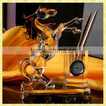 Antique Pen Holder Clock Crystal Office Desk Gifts With Horse Figurines