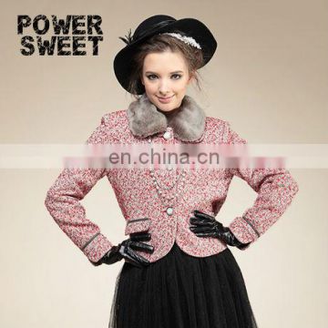girl fur turndowm collar sigle-breasted high waist short length woolen coats