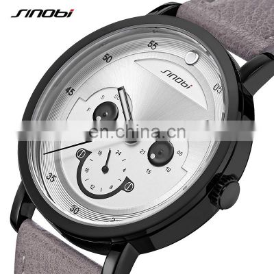 SINOBI Smile Human Face Dial Men Watch S9805G Small Three Dial Wrist Watches Gray Leather Luminous Hand Watches