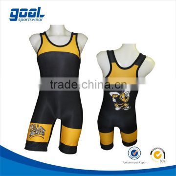 New style yellow and black plus size custom polyester lycra pro design wrestling jersey