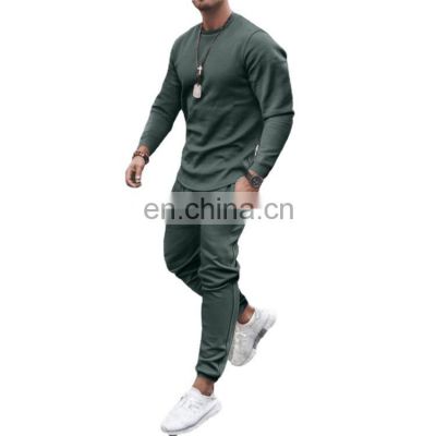 Wholesale customized men's 2021 summer long-sleeved casual suit two-piece men's spring and autumn round neck t-shirt suit