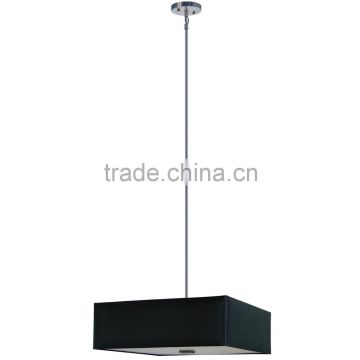 3 light chandelier(Lustre/La arana) in satin steel finish with a large square silk look 22" black stealth fabric shade