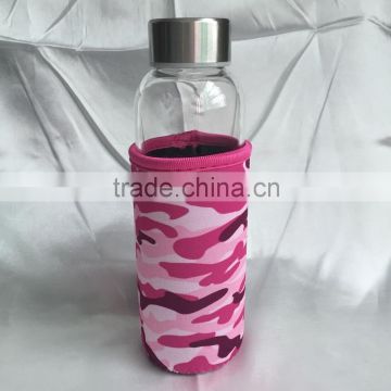 High Borosilicate Glass Water Bottle with pink camouflage printing neoprene Sleeve