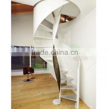 white metal spiral stairs with metal railing and iron checkered plate step