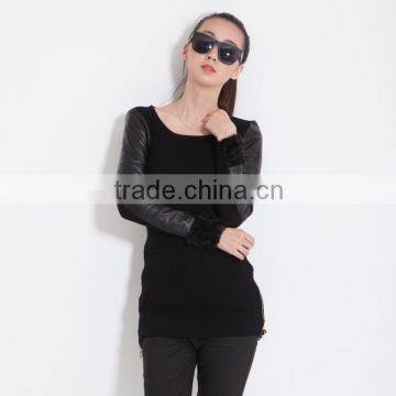 girls sweater black new design fashion with pu sleeve
