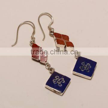 E0064-STERLING SILVER LAPIS AND CORAL EARRING 3.07