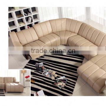 Bisini Modern U Shape Beige Genuine Leather Sofa, C Shape Big Sofa for Living Room