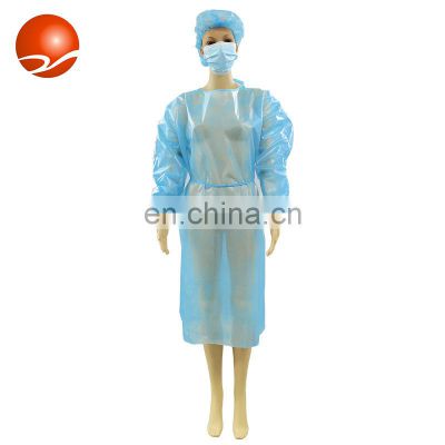 High Quality Disposable Hospital Blue Medical Supply PE Coated Nursing Breathable Isolation Gown