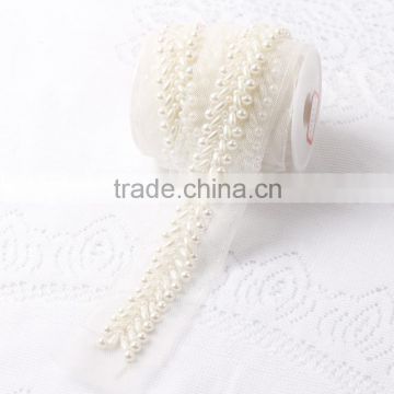 Wholesale pearl beaded lace trimming sew on white mesh