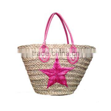 The fushcia star ladies large shopping straw bag with leather handle