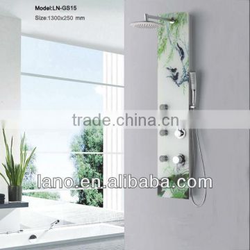 birds and lotus tempered glass shower wall panels LN-GS15