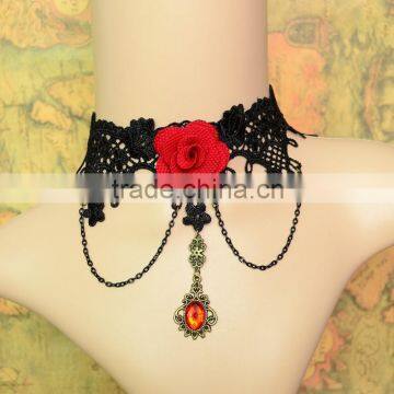 Handmade Red Flower Rose Bead Drop Pendant Black Lace Choker Short Necklace Lolita Gothic Vintage Party Cosply