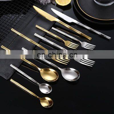 Kitchen Spoon Fork Wedding Bamboo Handle Stainless Steel Silverware Cutlery Set Gold Flatware
