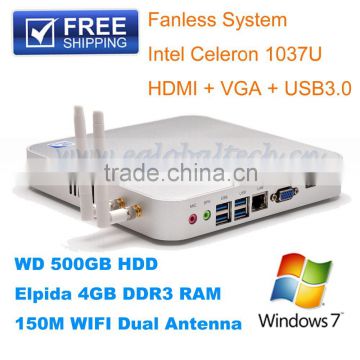 Free Shipping Cost by DHL/EMS/Fedex/UPS Fanless Workstation for Central Multimidia with 4GB RAM 750GB HDD 300M WiFi 1037U PC