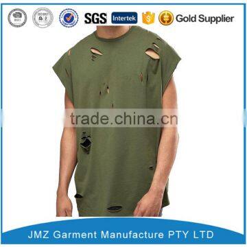 customized t shirt with distressing and curved hem in green