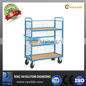 cart with caster and mesh guardrail and wooden shelves for factory and garage