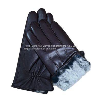 Fashion Sheepskin Leather Gloves With Rabbit Fur Lining Custom Men Black Gloves Winter Warm Waterproof