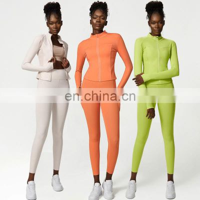 High Quality Active Wear Set Custom Logo Long Sleeve Jacket Matching Leggings 2pcs Yoga Set Women Gym Fitness Clothes