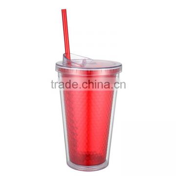 16oz acrylic double wall tumbler cups with straw and diamond inner wall