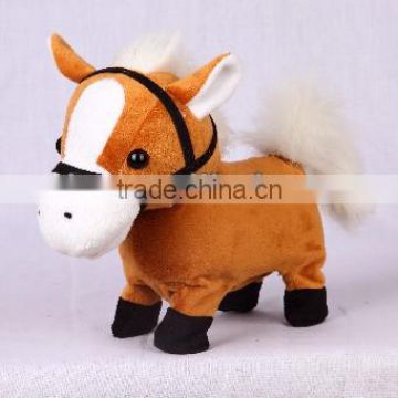 Walking and nodding horse with mouth moving and tail wagging, electronic and musical stuffed animal plush toy