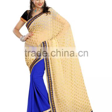 Beaige and blue color weightless embroidery saree