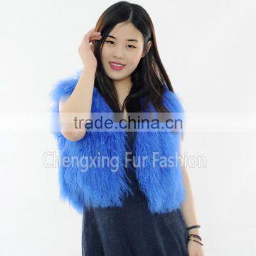 CX-G-B-51A Autumn Short Jacket Women Blue Mongolian Lamb Fur Custom Vest