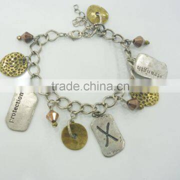 FASHION 3 TONE PLATE FRIENDSHIP LOVE,STRENGTH CHARMS BRACELET