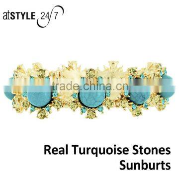 Simple Fashion lovely gold alloy turquoise crystal sunburts bracelet Elastic cord rope chain bracelet