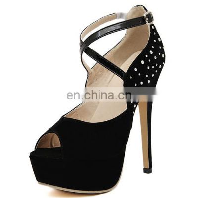 ladies new style beautiful black color high heeled peep toe platform sandals heels shoes with rhinestone finish