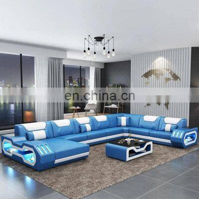 Modern XXL U Shape Blue Genuine Leather Sectional Sofa with LED Lights