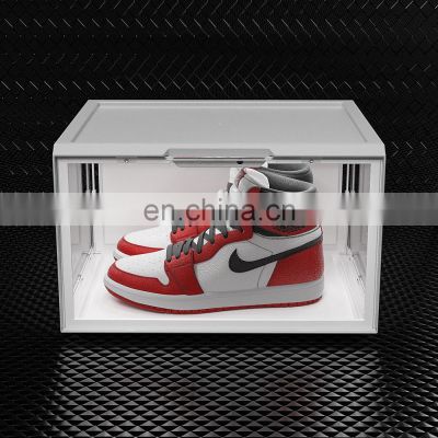 Voice control stackable sneaker storage led box side open transparent plastic magnetic  clear shoe box with led light