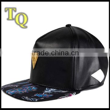 fashion custom 5 panel black leather fabric strapback caps