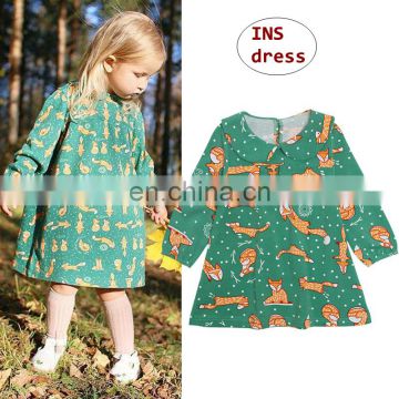 Spring Summer Baby Girl Dress Green Fox Toddler Girl Long Sleeve Dress