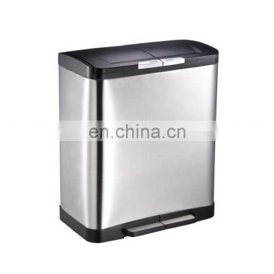 Modern rectangle two compartments stainless steel household recycling pedal bin Soft closing trash can