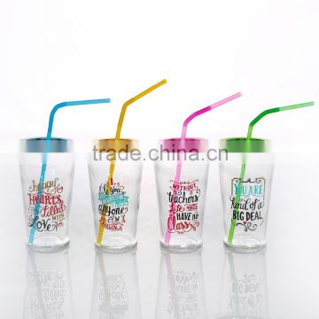 Colored Decal Glass Drinking Tumbler With Colored Lid & Staw