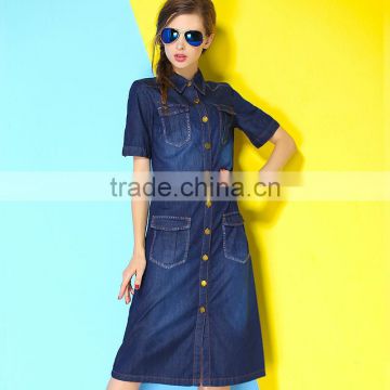 High brand ladies' fashion printing splicing A- Line dress long blue jean dress