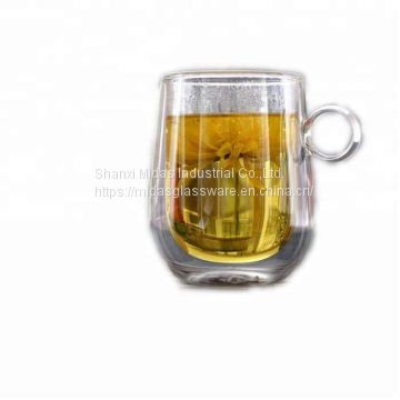 Heat resistant double wall glass coffee tumbler mug with ring handle