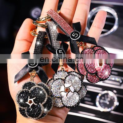 Diamond Camellia Car Key Ring Fashion Flower Car Keychain Lady Bag Hanging Chain Creativity Key Case For Car